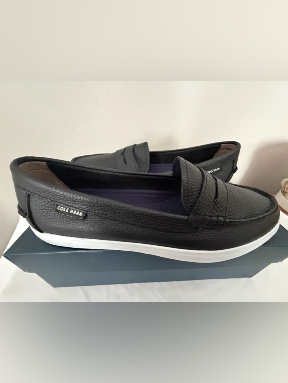 Cole Haan Black Pebbled Leather Slip-On Loafers with White Soles - Picture 7 of 11